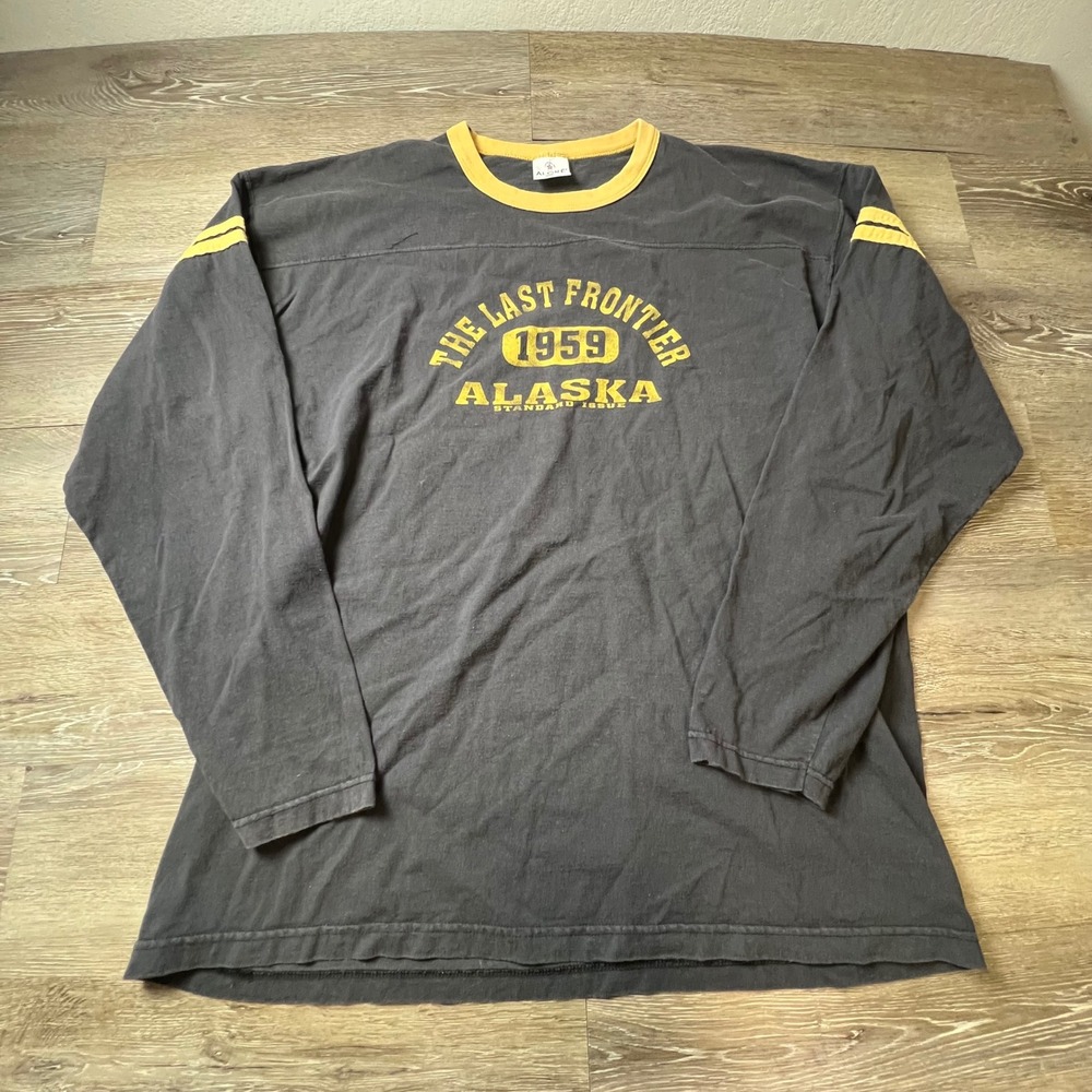Vintage 1990s Alaska Graphic T-Shirt Alore Mens 2XL Black Yellow Long Sleeve